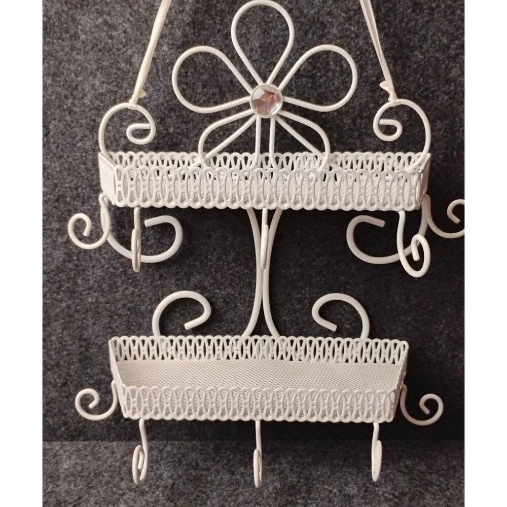 Vintage White Metal 2 Tiered Jewelry Cosmetics Shelf w Scroll Floral Design